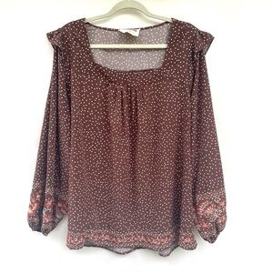 Savanna Jane Top Women's 1X Brown Polka Dot Long Sleeve Embroidered Blouse